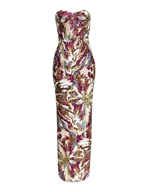 Strapless Sequin Floral Maxi Dress Hot Pink HV2768