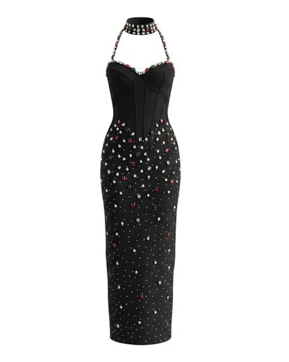 Halter Crystal Structured Bustier Maxi Dress Black HV3092
