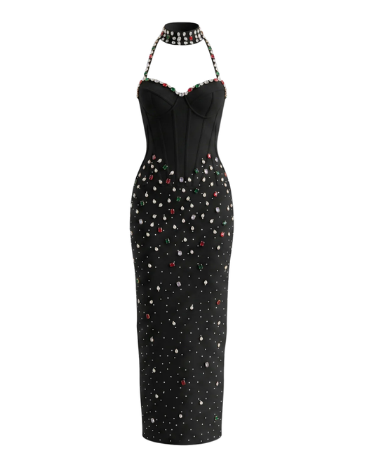Halter Crystal Structured Bustier Maxi Dress Black HV3092