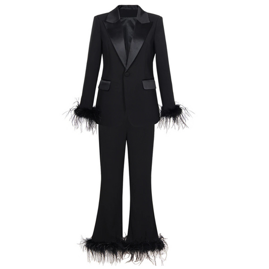 Long Sleeve Feather Detail Suit Black