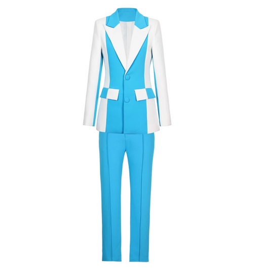 Long Sleeve Colorblock Suit Blue White