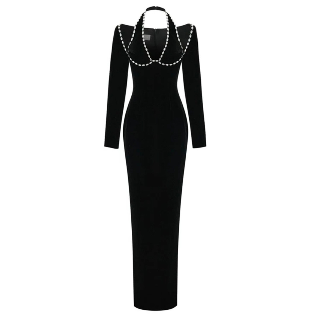 Long Sleeve Halter Crystal Bustier Maxi Dress Black HV1808