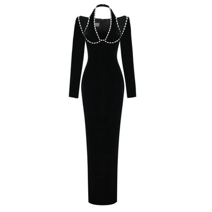 Long Sleeve Halter Crystal Bustier Maxi Dress Black HV1808