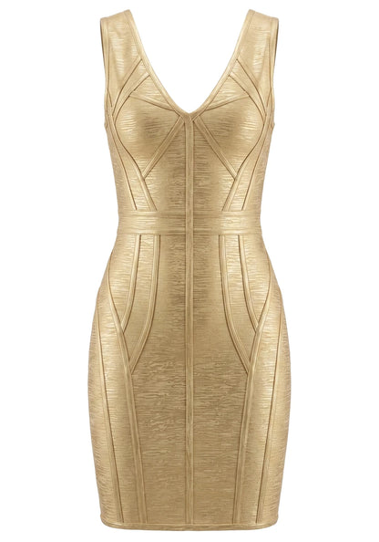 Woodgrain Foil Print Structured Dress Gold HV2994
