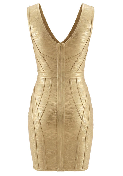 Woodgrain Foil Print Structured Dress Gold HV2994