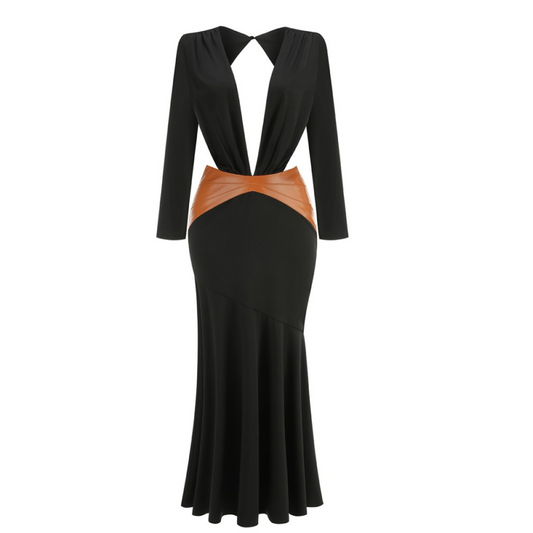 Long Sleeve Plunge V Neck Maxi Dress Black Brown HV2485