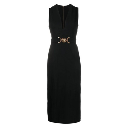 Plunge V Neck Belt Detail Midi Dress Black HV1220