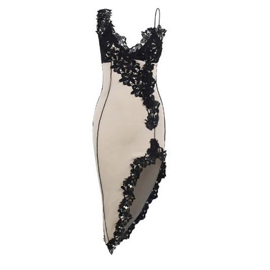 Floral Crochet Asymmetric Midi Dress Nude Black