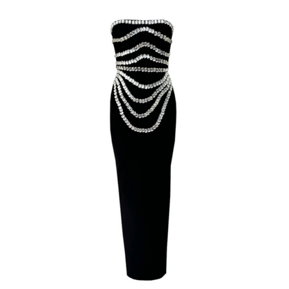 Strapless Crystal Trims Maxi Dress Black HV2003