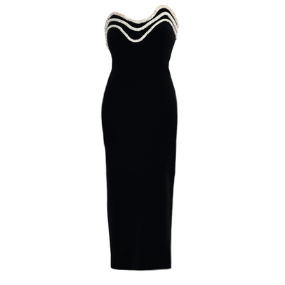 Strapless Crystal Trim Midi Dress Black HV1336