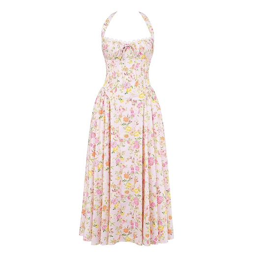 Halter Lace Bustier A Line Midi Dress Floral Pink HV1289