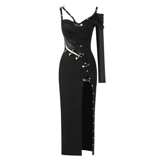One Sleeve Safety Pin Detail Maxi Dress Black