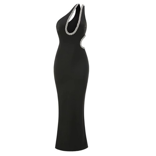 One Shoulder Crystal Chain Detail Maxi Dress Black HV3317