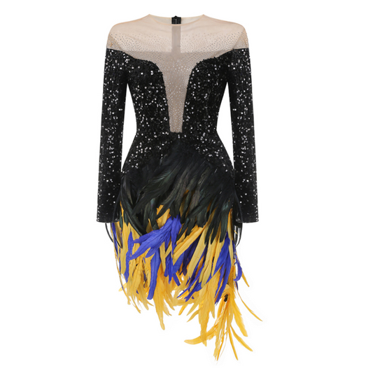 Long Sleeve Sequin Feather Dress Black HV1980