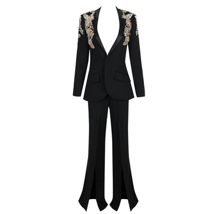 Crystal Floral Long Sleeve Suit Black HV1484