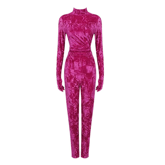 Long Sleeve Velvet Jumpsuit Hot Pink HV8336