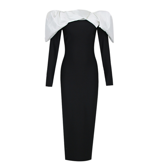 Long Sleeve Puff Bardot Midi Dress Black White HV9640