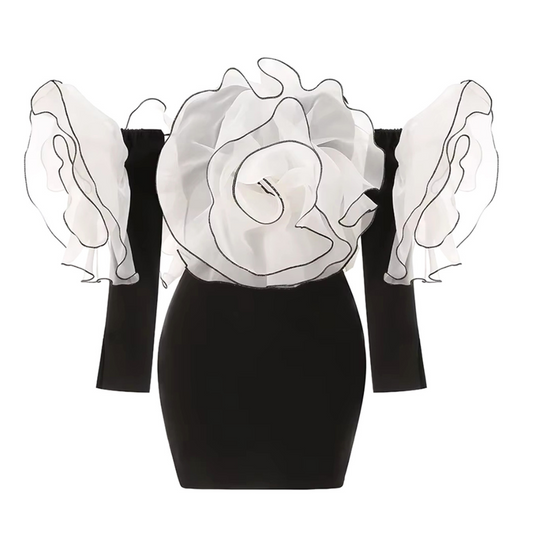 Long Sleeve Bardot Floral Detail Dress Black White