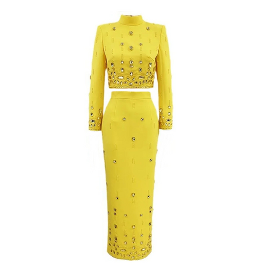 Long Sleeve Crystal Midi Two Piece Dress Yellow HV1185