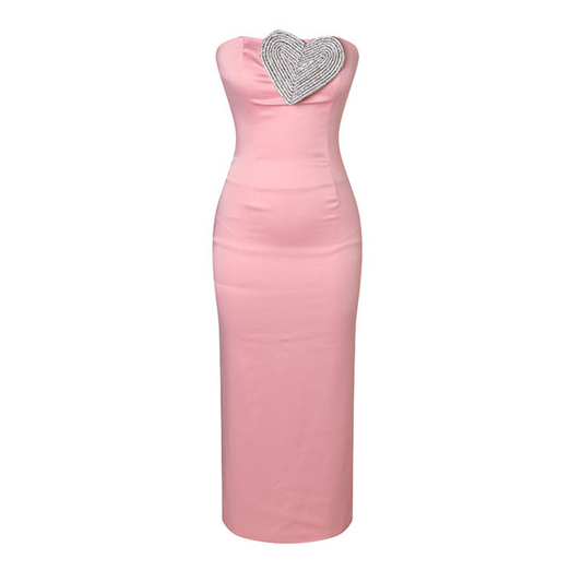 Crystal Heart Strapless Midi Dress Pink