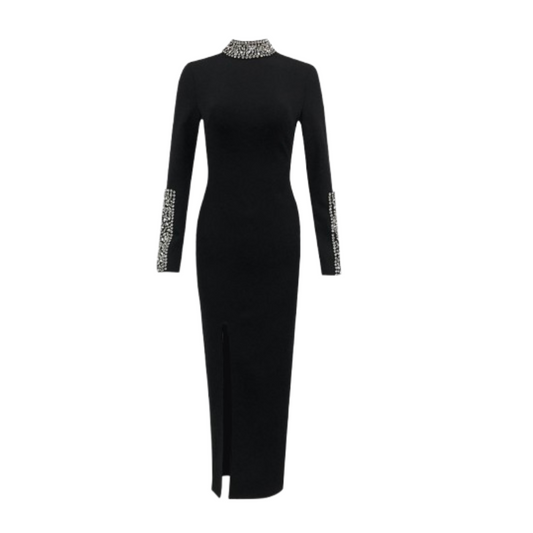 Long Sleeve Crystal Detail Midi Dress Black HV1687