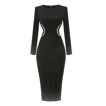 Long Sleeve Studded Crystal Trim Midi Dress Black HV1635