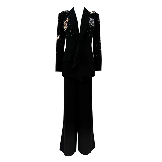 Long Sleeve Sequin Butterflies Suit Black