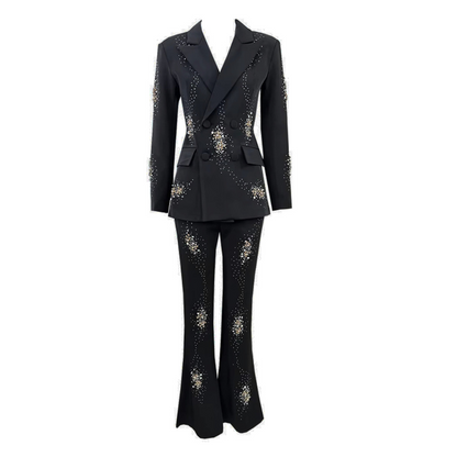 Long Sleeve Crystal Embellished Suit Black