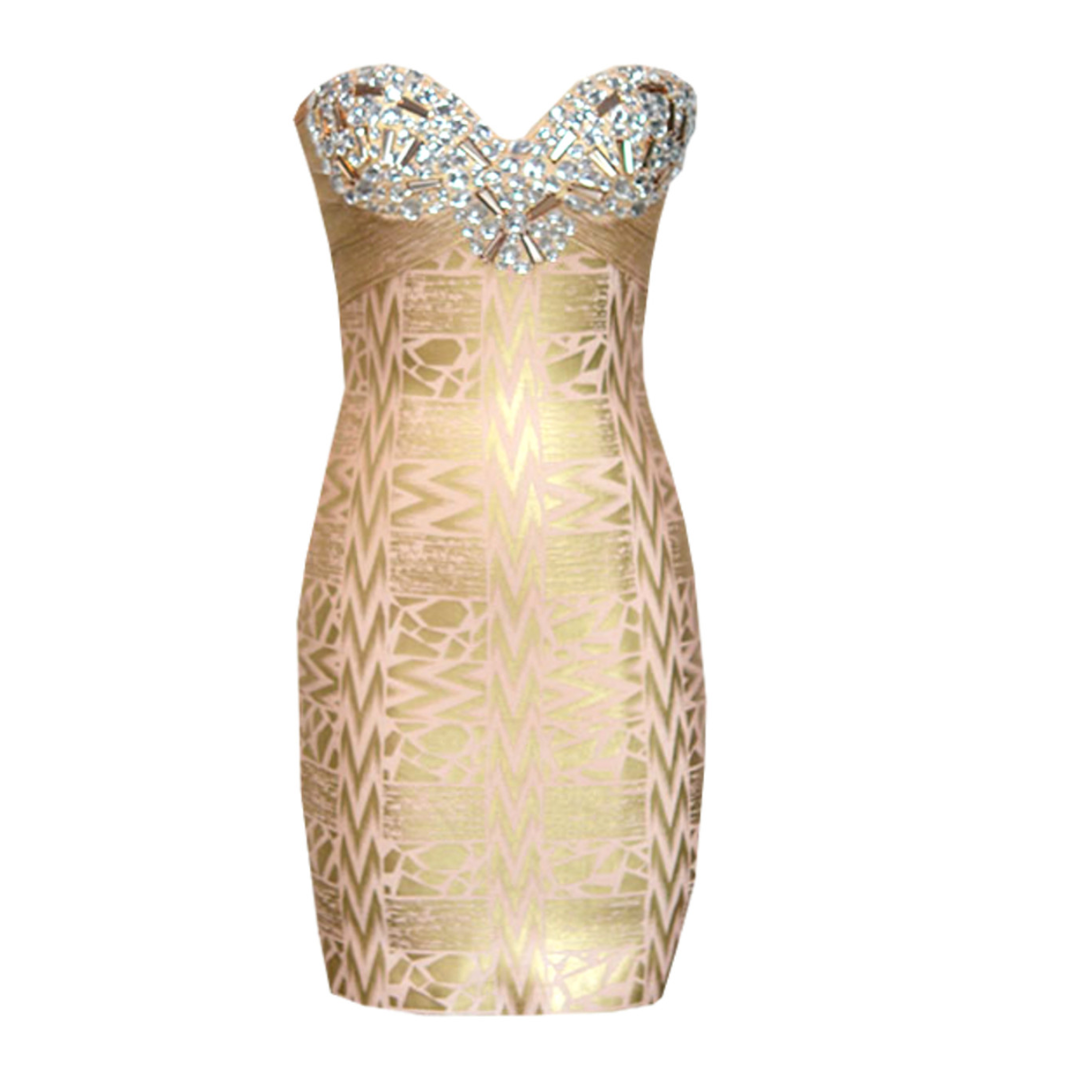 Strapless Crystal Woodgrain Foil Print Dress Gold HV1663