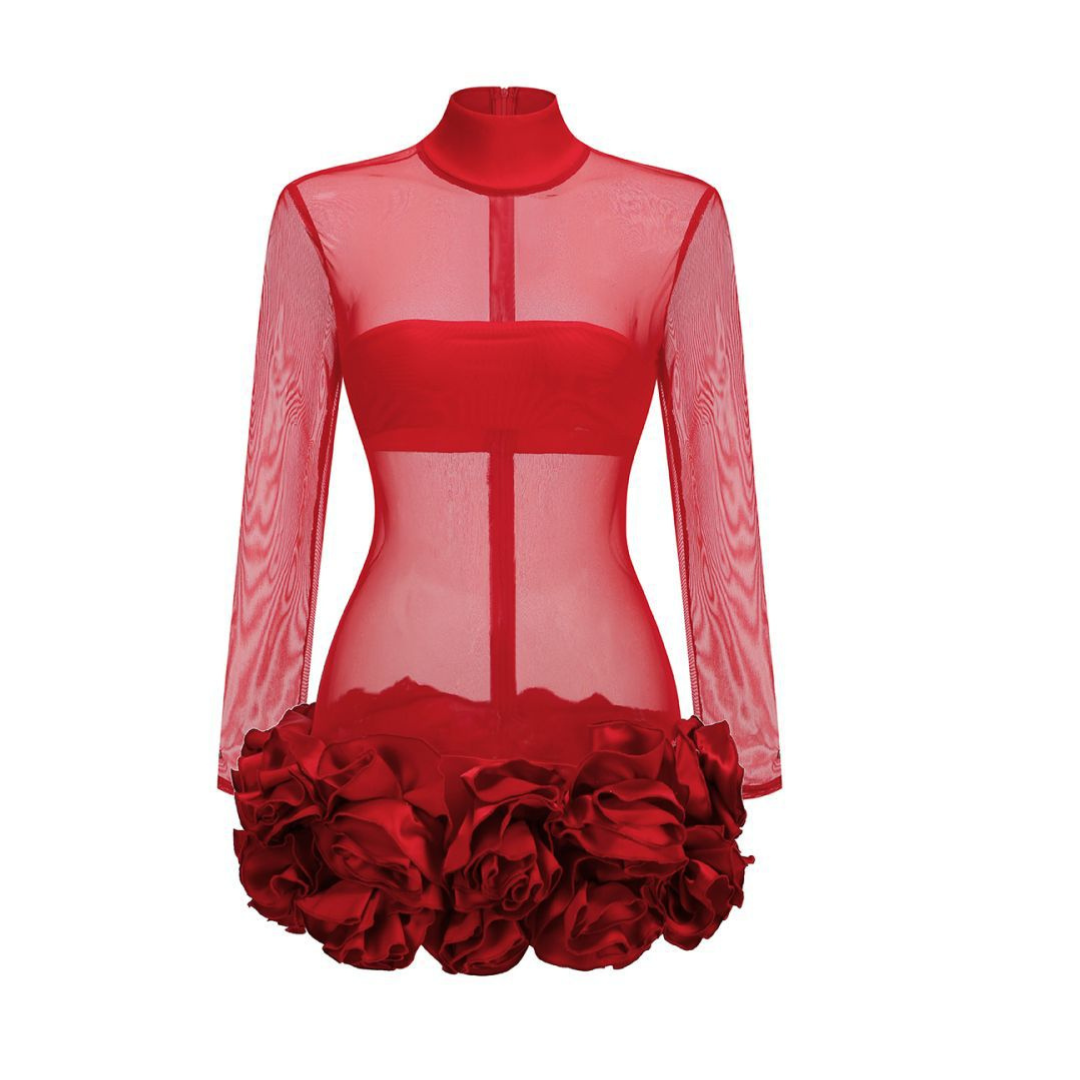 Long Sleeve Petal Detail Dress Red
