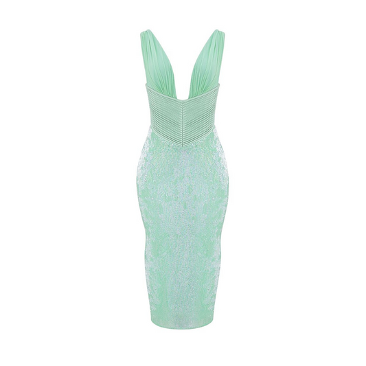 Pleated Sequin Midi Dress Green