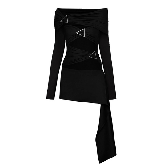 Long Sleeve Bardot Cut Out Dress Black