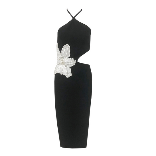 Halter Pearl Flower Midi Dress Black White HV1492
