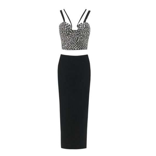 Crystal Bustier Two Piece Maxi Dress Black HV1426