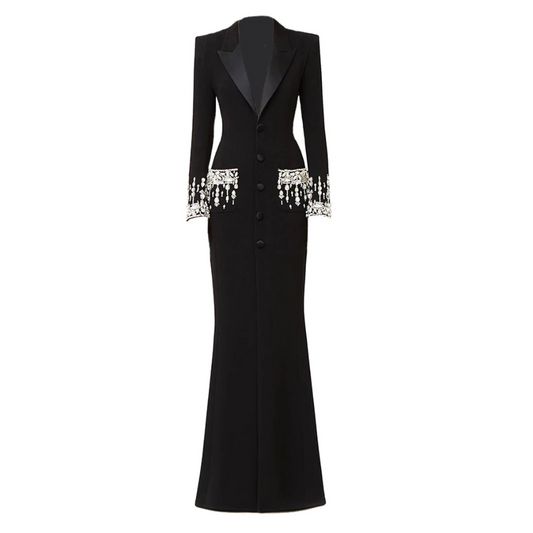 Long Sleeve Crystal Sequin Maxi Coat Dress Black HV1179