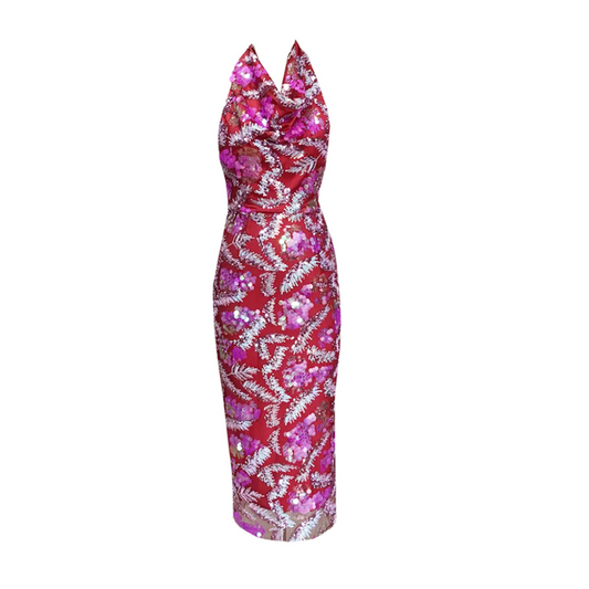 Halter Floral Sequin Midi Dress Hot Pink HV1618