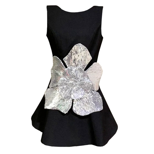 Sequin Floral A Line Dress Black Silver