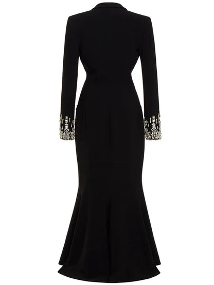 Long Sleeve Crystal Sequin Maxi Coat Dress Black HV1179