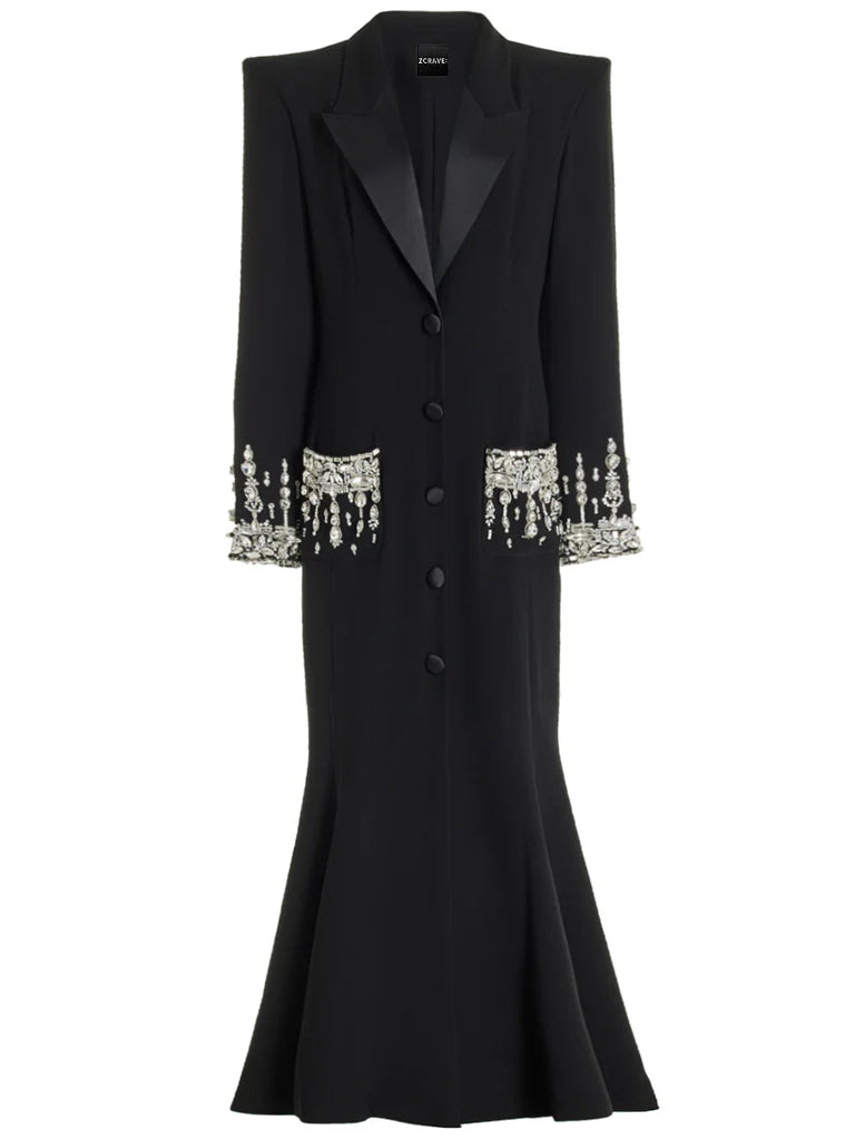 Long Sleeve Crystal Sequin Maxi Coat Dress Black HV1179