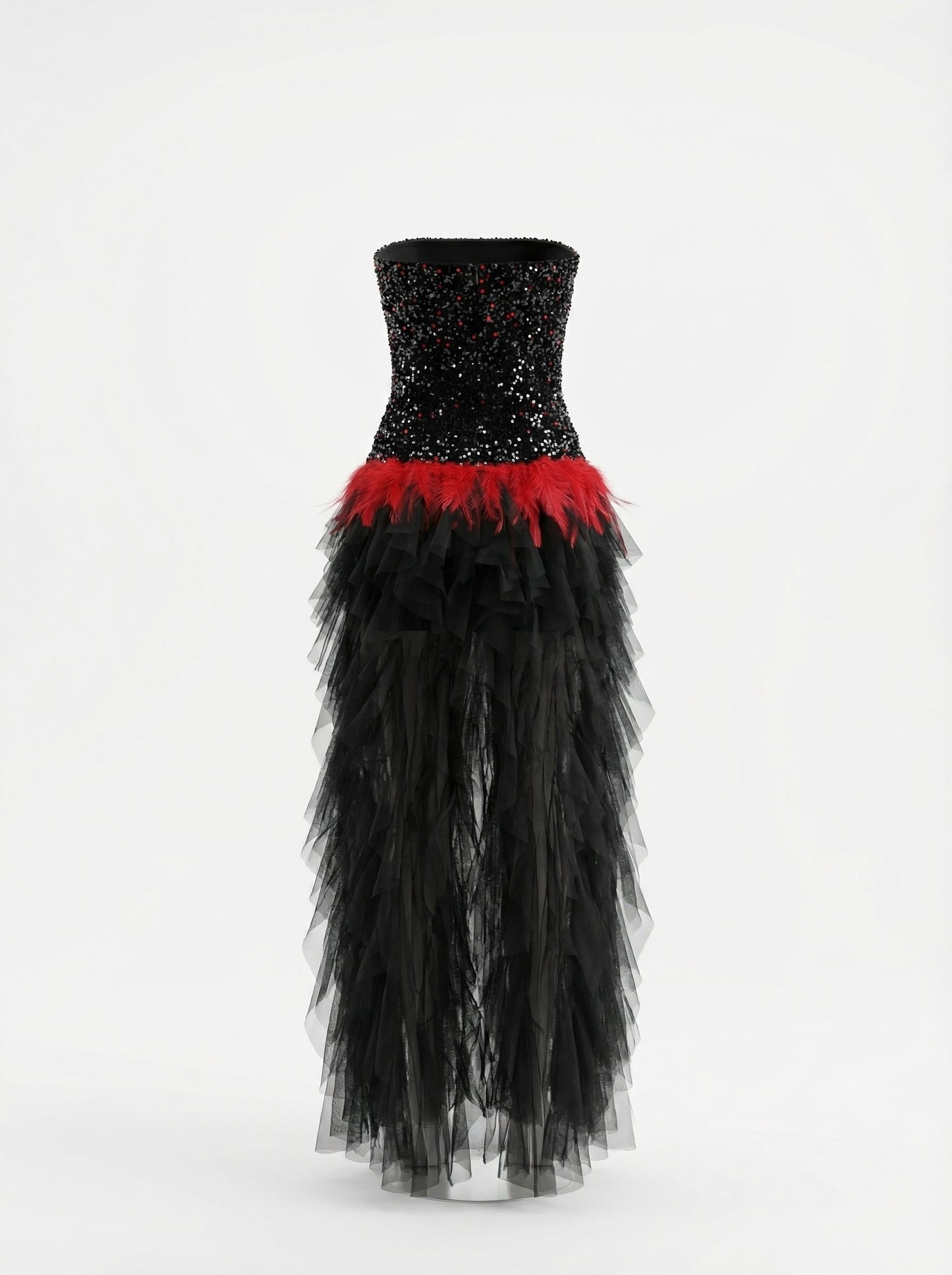 Strapless Sequin Ruffle Maxi Dress Black Red HV2760