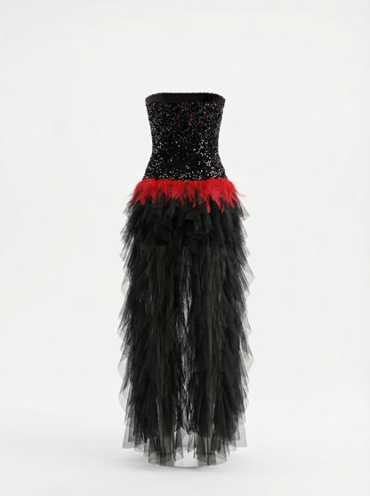 Strapless Sequin Ruffle Maxi Dress Black Red HV2760