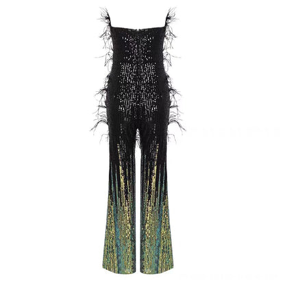 Strapless Feather Sequin Jumpsuit