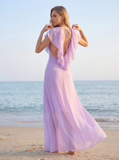 Ruffle Plunging Neck Maxi Dress Lavender HV2919