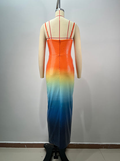 Star Sequin Midi Dress Orange Yellow Blue HV1698