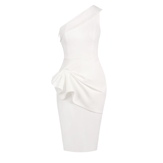 One Shoulder Draped Midi Dress White HV0003