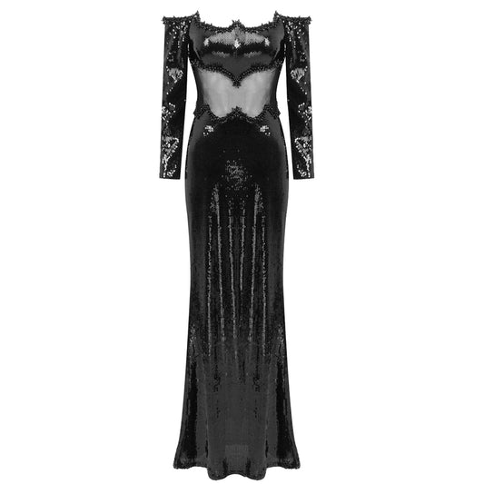 Long Sleeve Bardot Sequin Maxi Dress Black HV1555