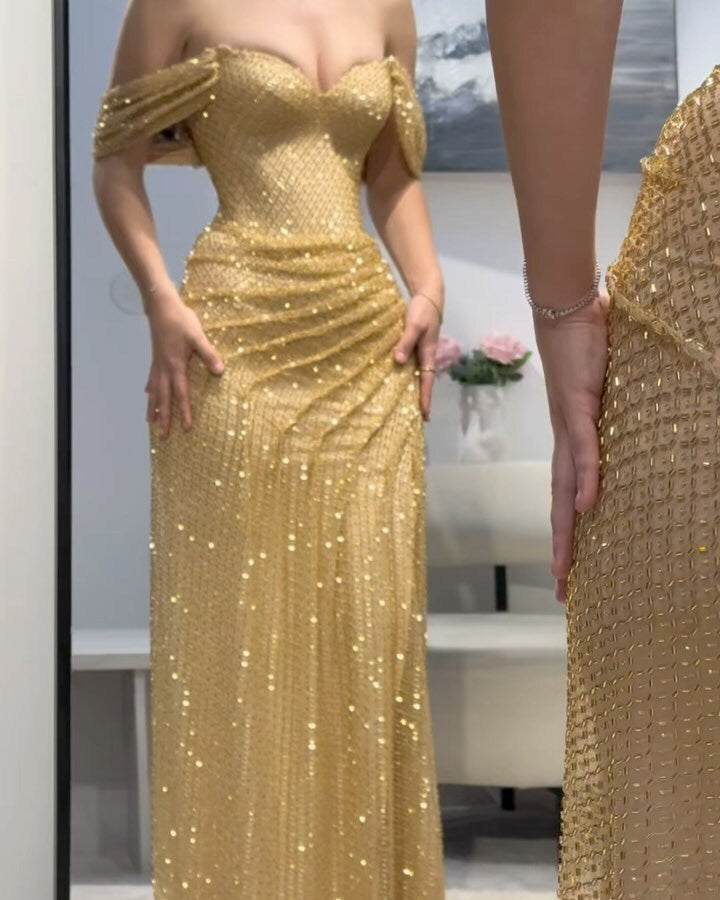 Sequin Bardot Maxi Dress Gold HV2905