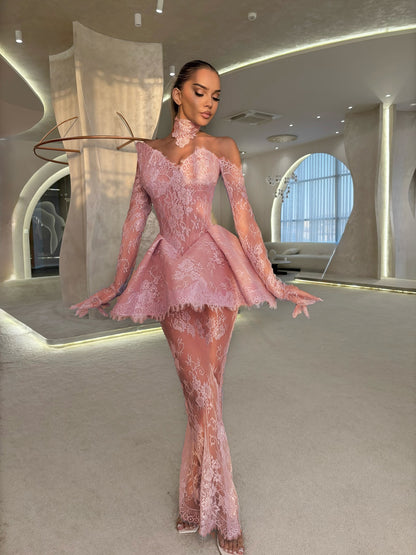 One Shoulder Lace Peplum Maxi Dress Pink HV2773