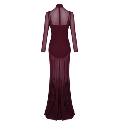 Long Sleeve Mesh Maxi Dress Burgundy HV0064
