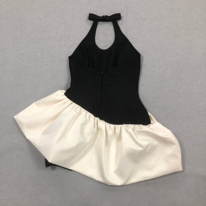 Halter Floral Puff Dress Black Ivory HV2164
